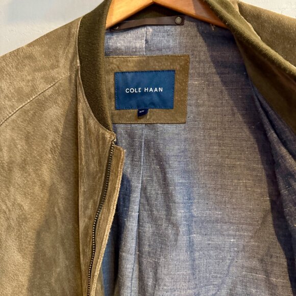 Cole Haan varsity soft olive green suede zip bomber jacket Size Medium - Picture 4 of 9